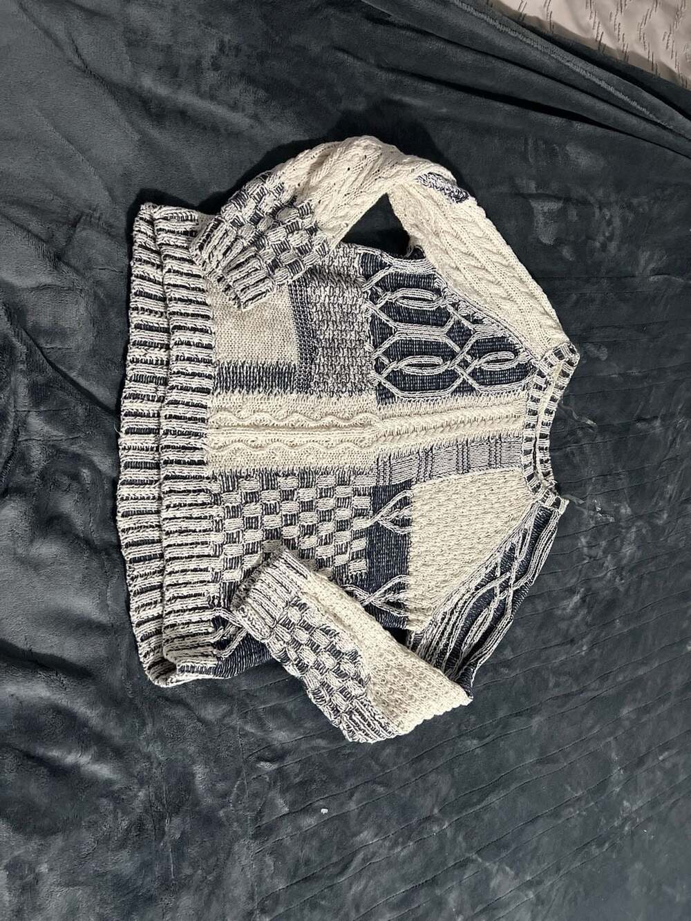 Chaps Women's Size L Gray and White Patchwork Chunky Cable Knit Sweater